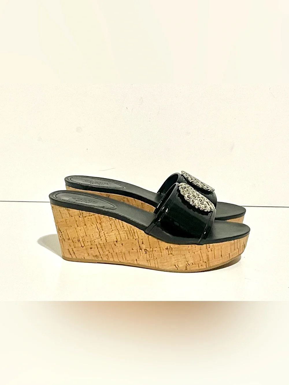 Coach Patent Leather Judith Wedge Cork Heel Sandal 6.5 B Black platform
